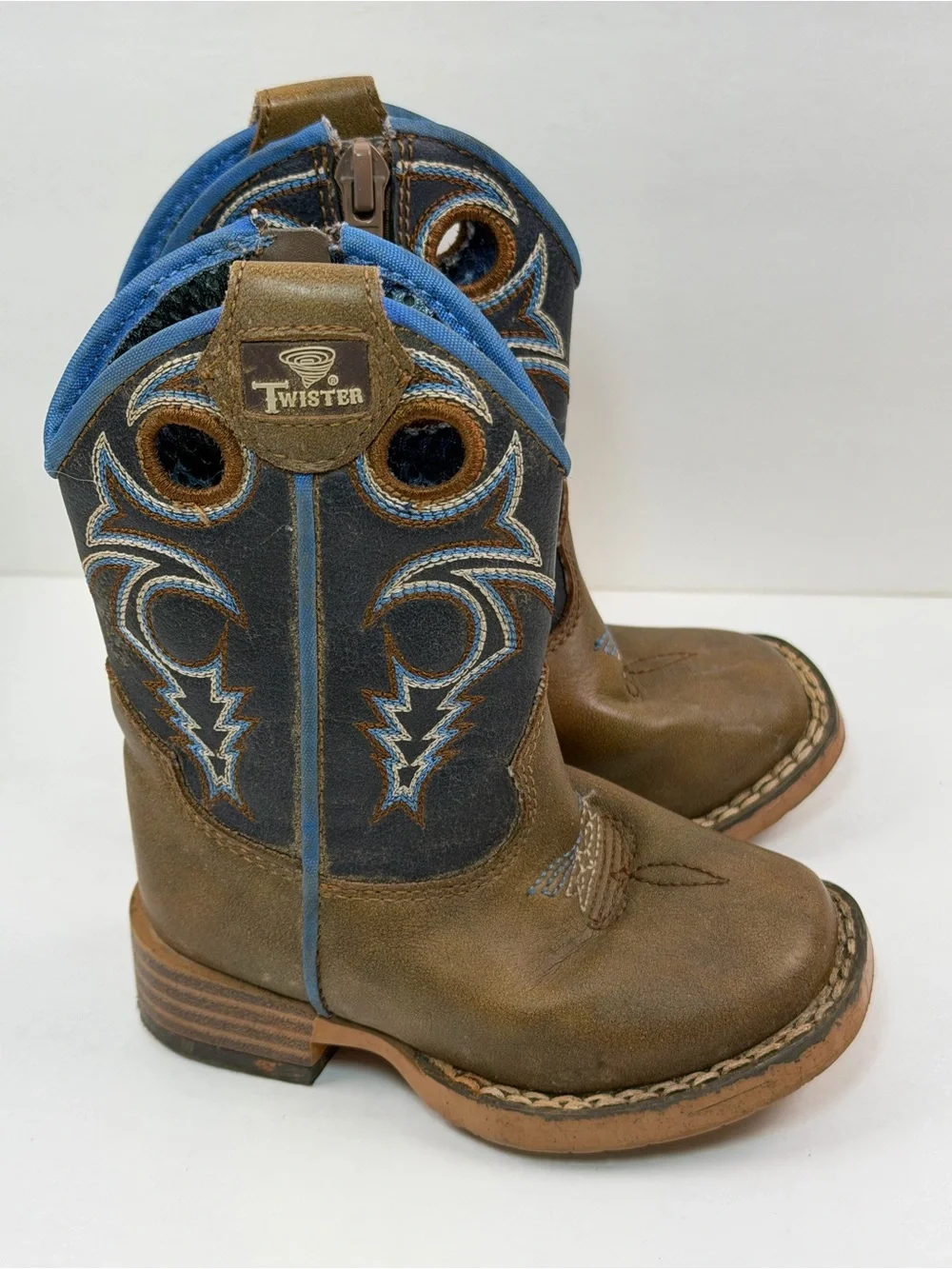 Twister Cowboy Boots Toddler Size 4 Brown Blue Western Zip Boots